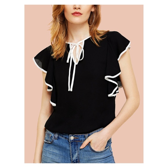 MBM Unlimited Tops - Black White Ruffle Trim Tie Neck Blouse